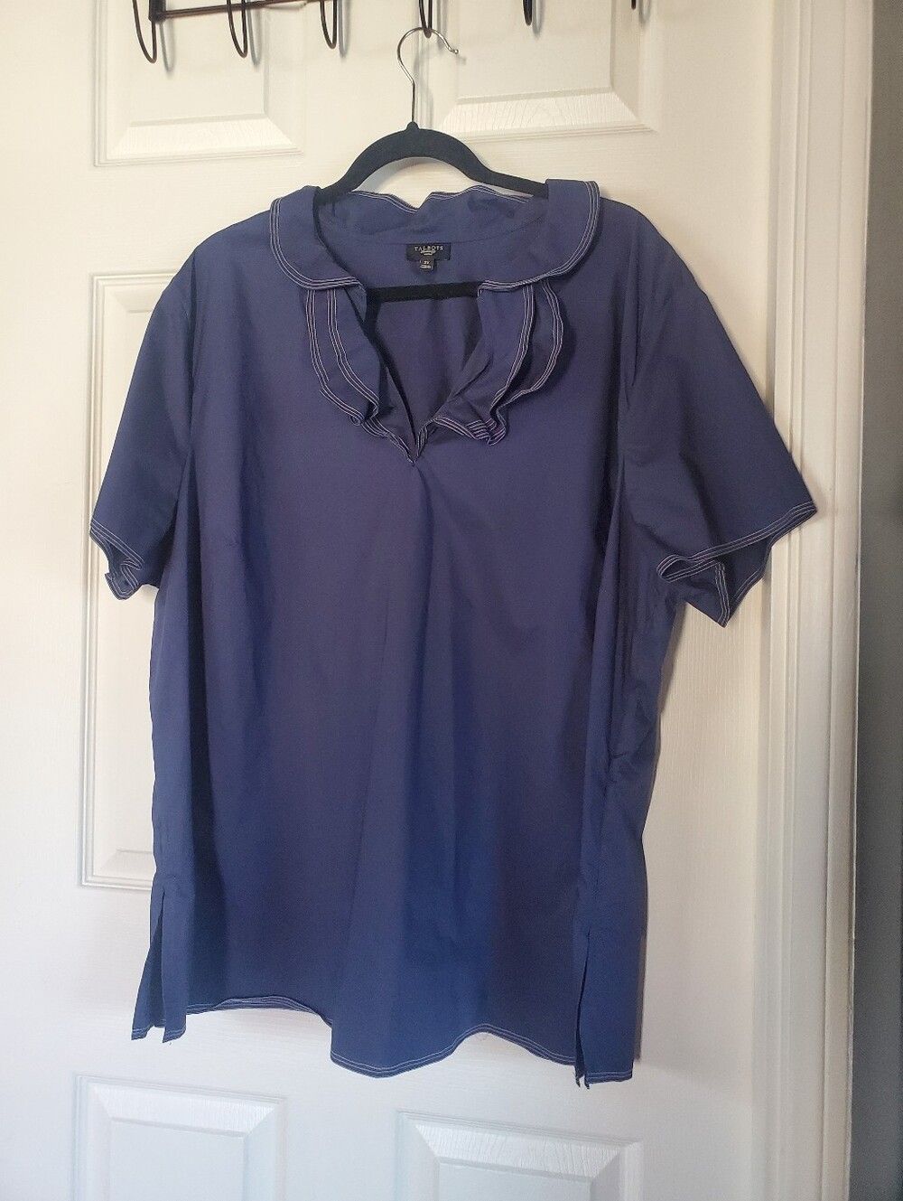 Talbots Navy Ruffle Collar Short Sleeve Blouse Bohemian Flowy Lightweight 3X
